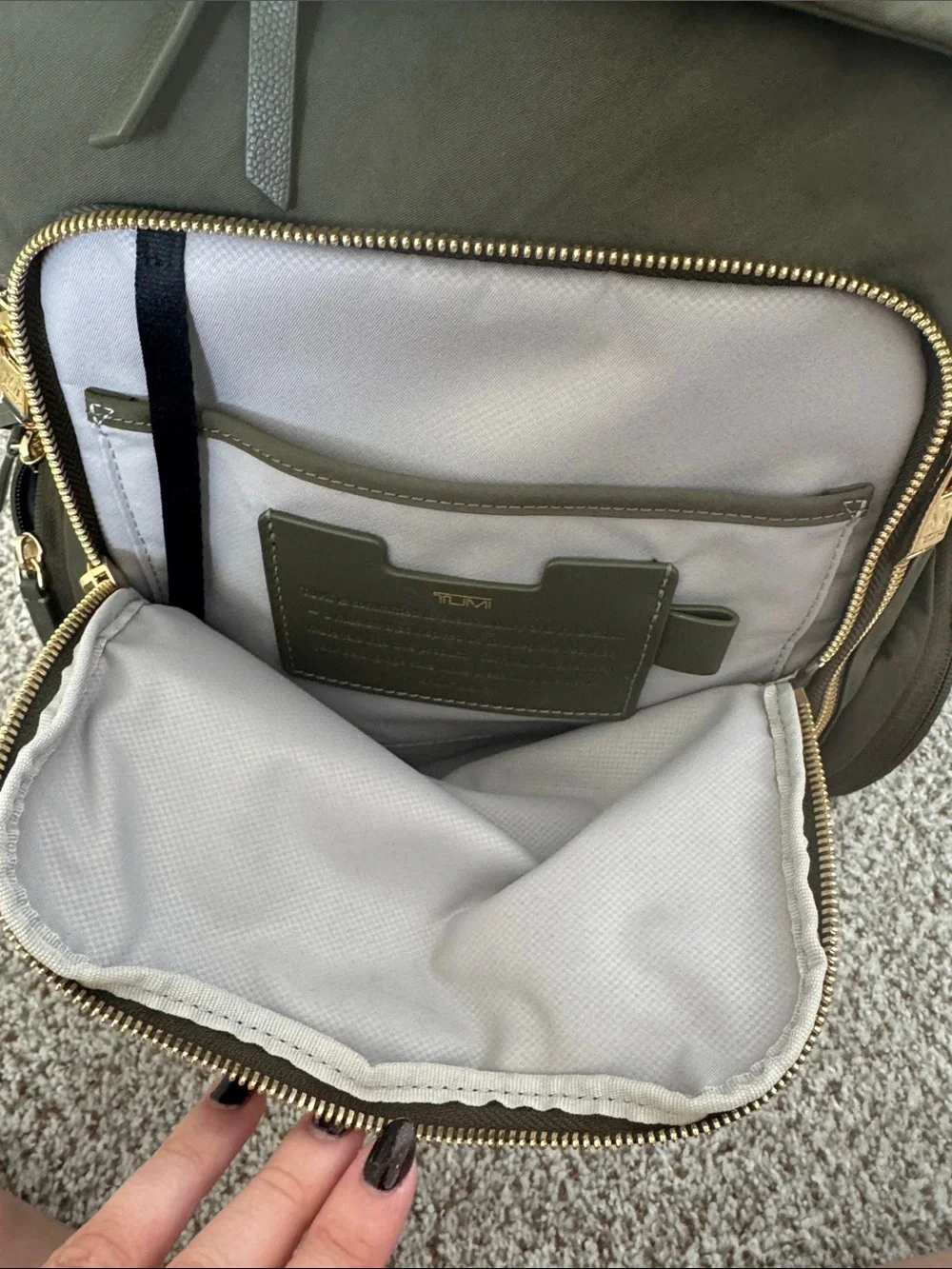 Tumi Olive Green Nylon Backpack with Gold Hardware